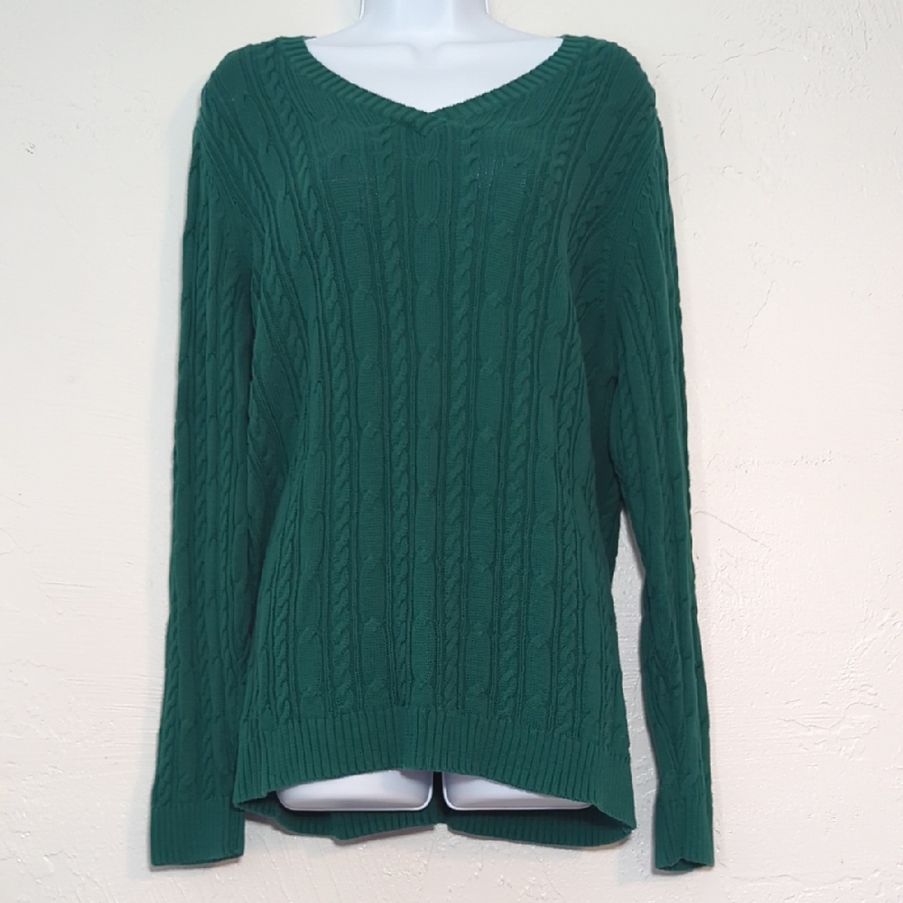 Womens Green Cotton Cable Knit Sweater Comfy Casual Office Fisherman Jewel Toned